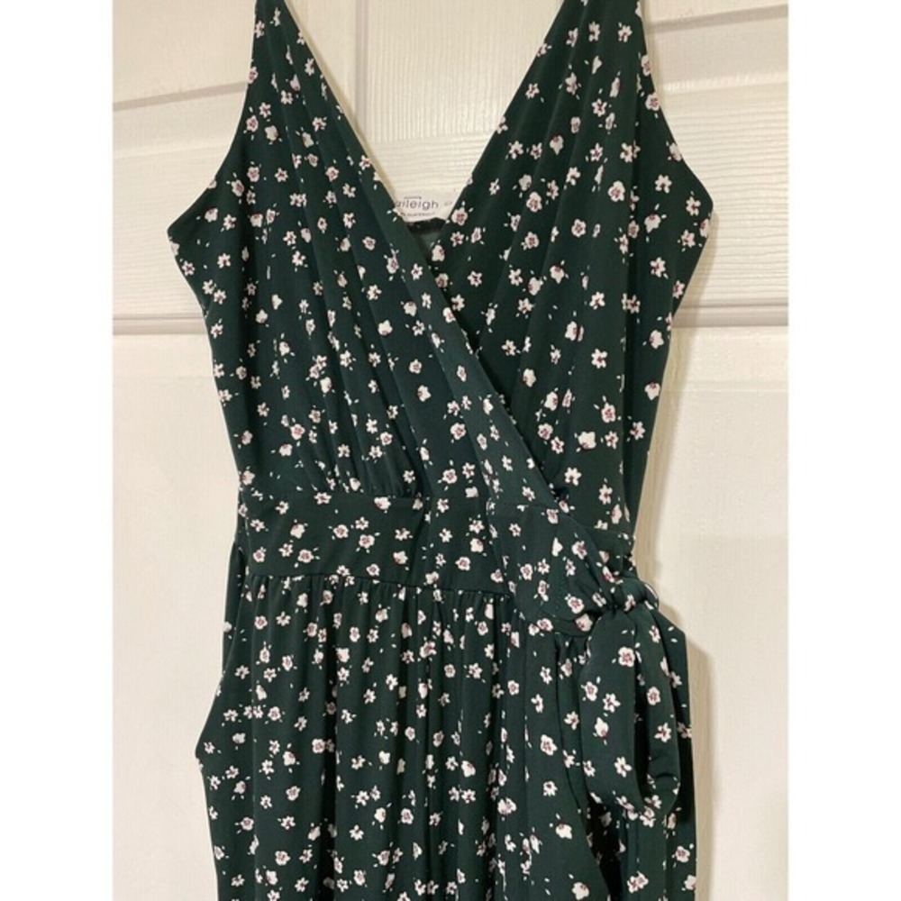 XS Forest Green Kaileigh Stretch Floral Faux Wrap Jumpsuit Crop Wide Leg Pockets